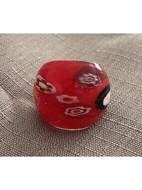 Murano Red Glass Dome Cocktail Ring Size 8 With Multi Color Millefiori
